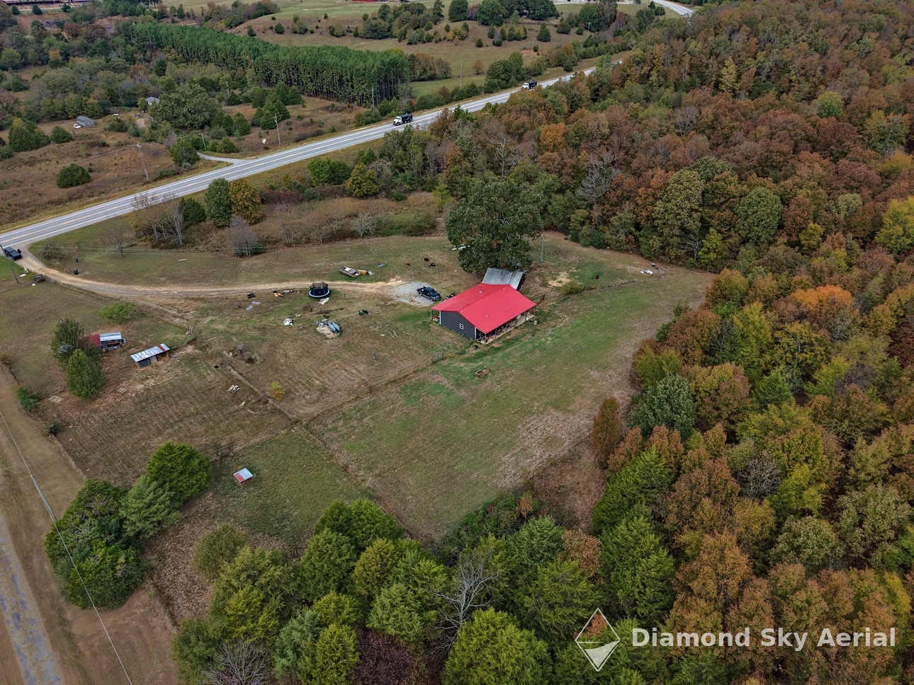 Wide aerial view of a rural property