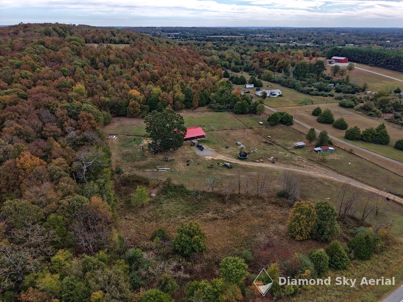Wide aerial view of a rural property